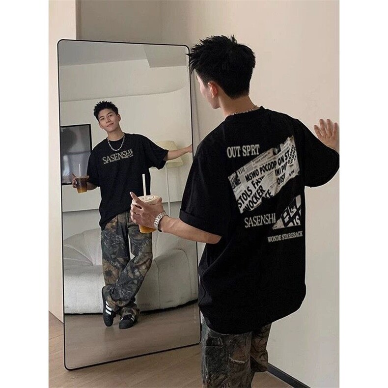 美式高街字母印花短袖男夏季美式小领口重磅t恤高级感痞帅五分袖图片