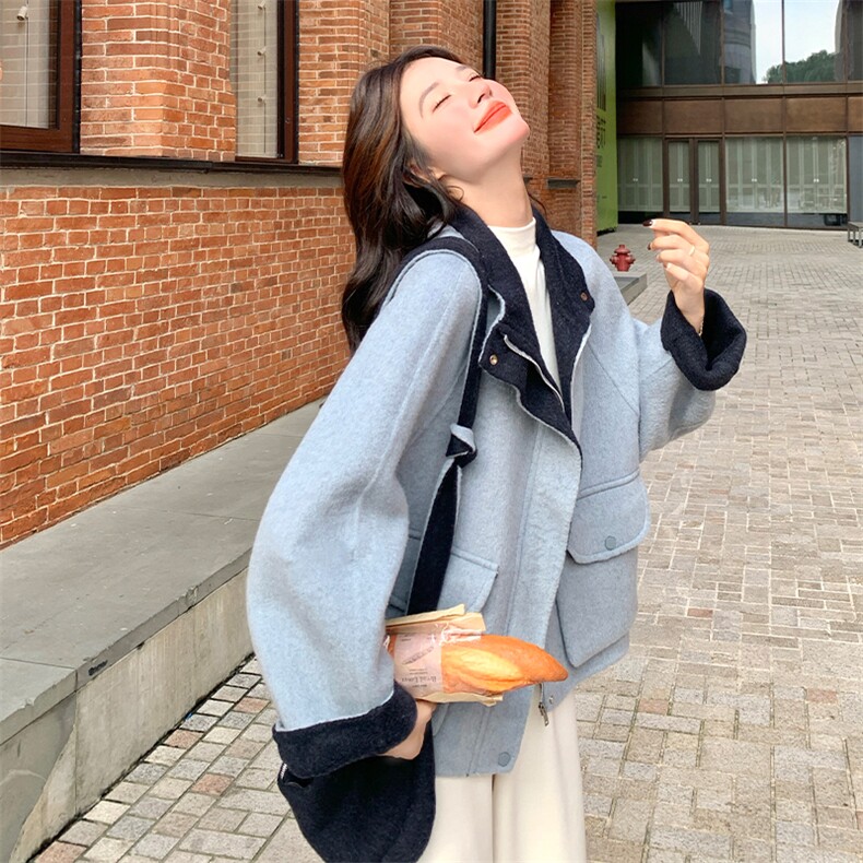 2025冬季新款蓝色韩系休闲撞色双面羊毛呢外套女松弛感通勤上衣潮图片