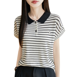 法式POLO领天丝小飞袖针织T恤女2025夏季拼色条纹薄款t恤百搭上衣图片