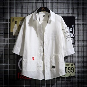 2021夏季新日系大码男网格挂拍印花绣标宽松七分袖衬衫C553-P40图片