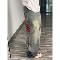 三条杠阔腿休闲牛仔裤撞色街头百搭长裤N852，男装牛仔裤，星座1116A（原606A-3）