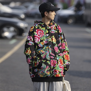 W204秋新款男女团队服大花连帽卫衣外套潮民族特色花卫衣情侣装图片