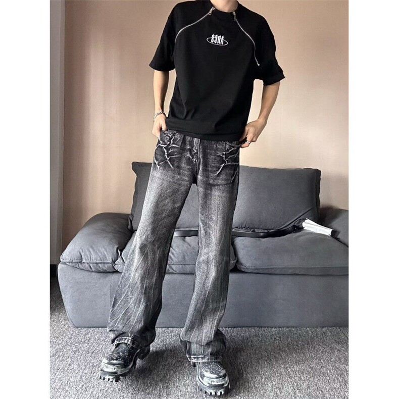 闪电裂纹做旧洗水显瘦百搭裤子宽松直筒微喇黑色牛仔裤男女K706,男装牛仔裤,星座601-1