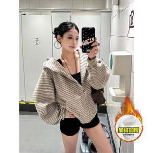 480G重磅加绒硬挺boxy 男女秋冬美式高街条纹毛呢卫衣开衫厚外套图片