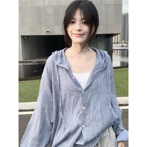 法式蓝色格纹连帽衬衫灯笼袖夏季休闲长袖上衣宽松慵懒防晒 C126图片