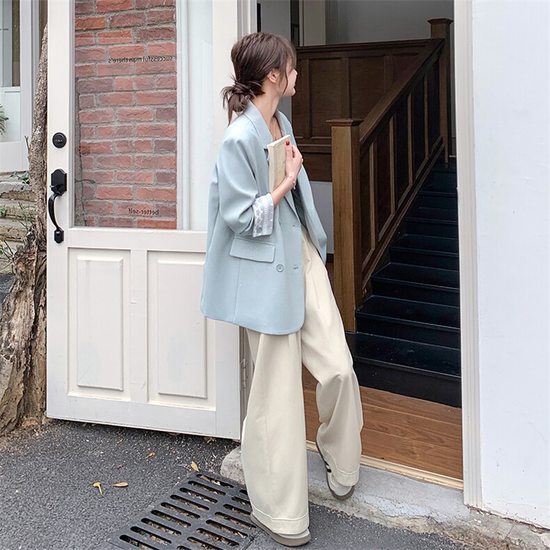 蓝色蕾丝拼接休闲西装外套女减龄百搭气质小西服高级感独特温柔风,女装西装,素月