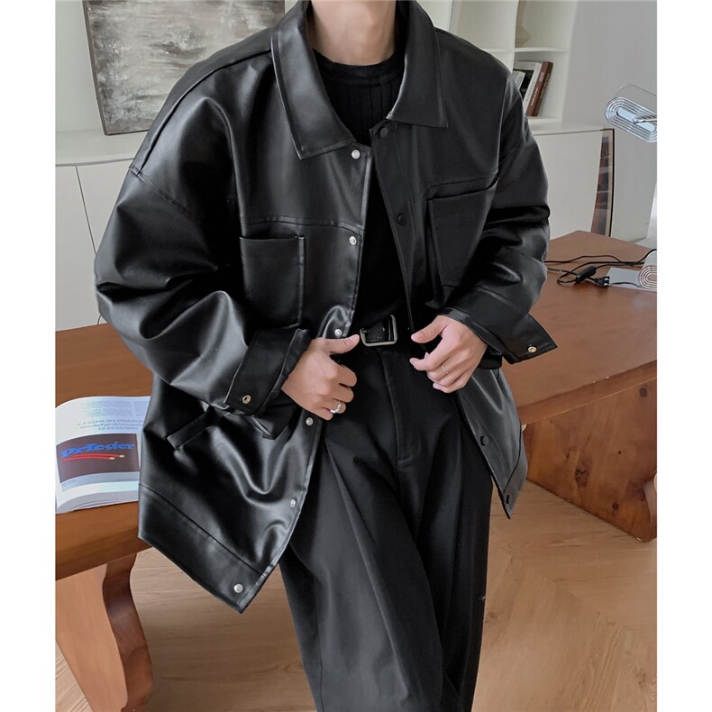 港风翻领pu皮面料皮衣男潮流休闲宽松皮衣外套男77107P78控108，男装皮衣，星座227-7