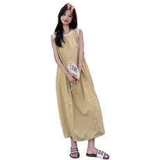 清冷感黄色无袖背心连衣裙女2025夏季新款韩系度假风收腰显瘦长裙，女装连衣裙，2C159