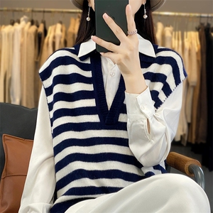 时尚条纹羊毛马甲女秋冬新款显瘦V领针织背心外套图片