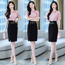 2023年夏季时尚气质优雅甜美上衣纯色开叉半身裙两件套，女装套装/套裙，时尚俏佳人