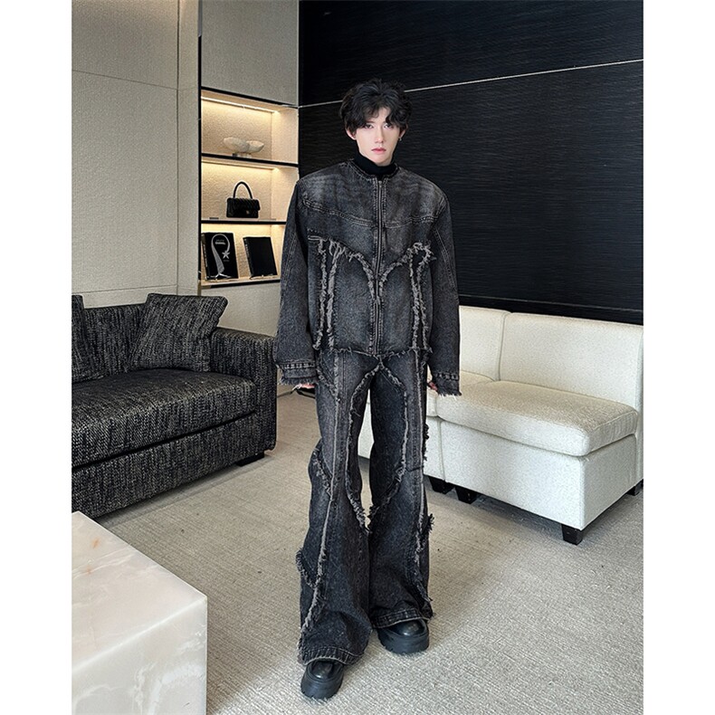 扎染水洗做旧牛仔套装拼接微喇牛仔裤夹克TZ8221-P128垫肩一套，男装休闲套装，星座308B-1