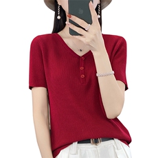 2024夏季新款短袖女宽松V领纯色薄款T恤百搭显瘦针织冰丝半袖上衣，女装针织衫/毛衣，萱芳婷羊绒
