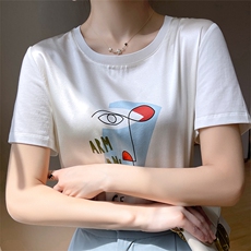 重磅真丝t恤女短袖印花桑蚕丝白色圆领小衫2024夏装半袖短款上衣，女装T恤，兴泰羊绒