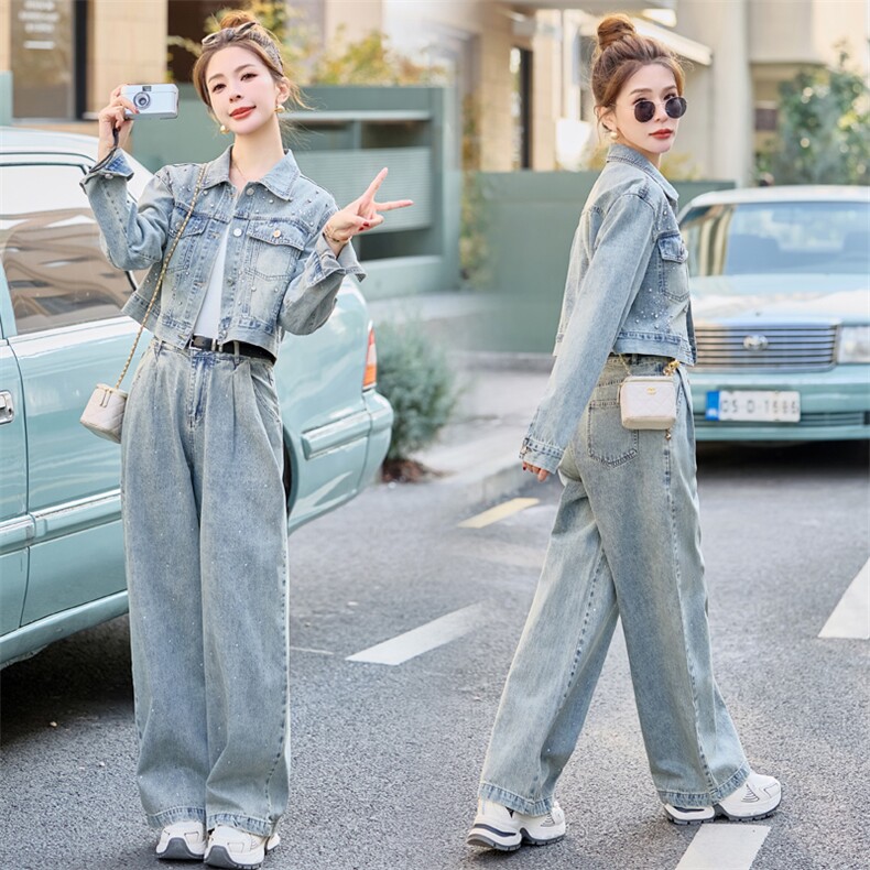 重工烫钻牛仔外套阔腿裤套装两件套时尚2025春季新款女装又a又飒，女装套装/套裙，瑶迪依秀