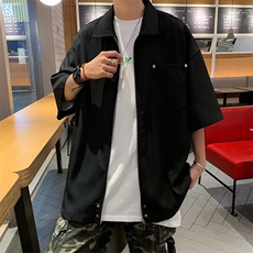 美式高街铆钉拉链开衫短袖衬衫男日系工装黑色休闲外套衬衣C401，男装衬衫，星座1116A-1（原606A）