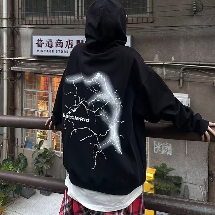 复古闪电印花连帽卫衣男秋冬季薄款百搭宽松潮长袖上衣 W634图片