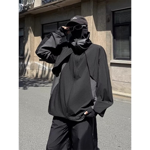 美式复古深灰色活片裁剪upf50防晒衣男款夏季cleanfit连帽防晒服图片