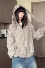 兔毛绒兔耳朵条纹开衫外套拉链衫上衣WY308特P83，女装短外套，星座908-1