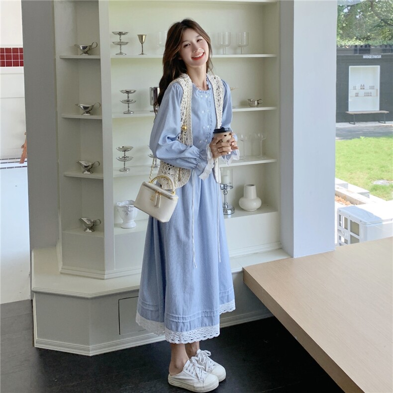 现货蕾丝花边拼接条纹连衣裙马甲套装25083P165K248,女装套装/套裙,2D035