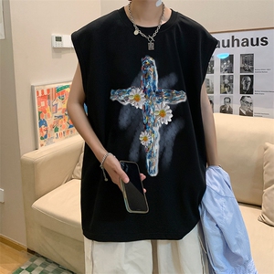 油画十字架美式花朵印花无袖T恤背心/马甲/坎肩XZ514-2-1291-P23,筱十一少女穿搭微胖图片
