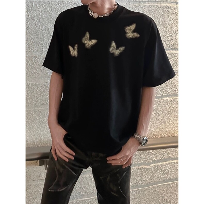 RTID暗黑系蝴蝶印花短款短袖小众OS宽松欧美boxy纯棉T恤，男装T恤，星座506A