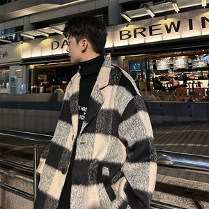 格子毛呢中长款风衣 西装领潮牌大衣冬季外套 W25 P110图片