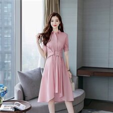 2024年夏季女装新款短袖POLO领中腰大摆型中长款纯色气质连衣裙，女装连衣裙，妙形