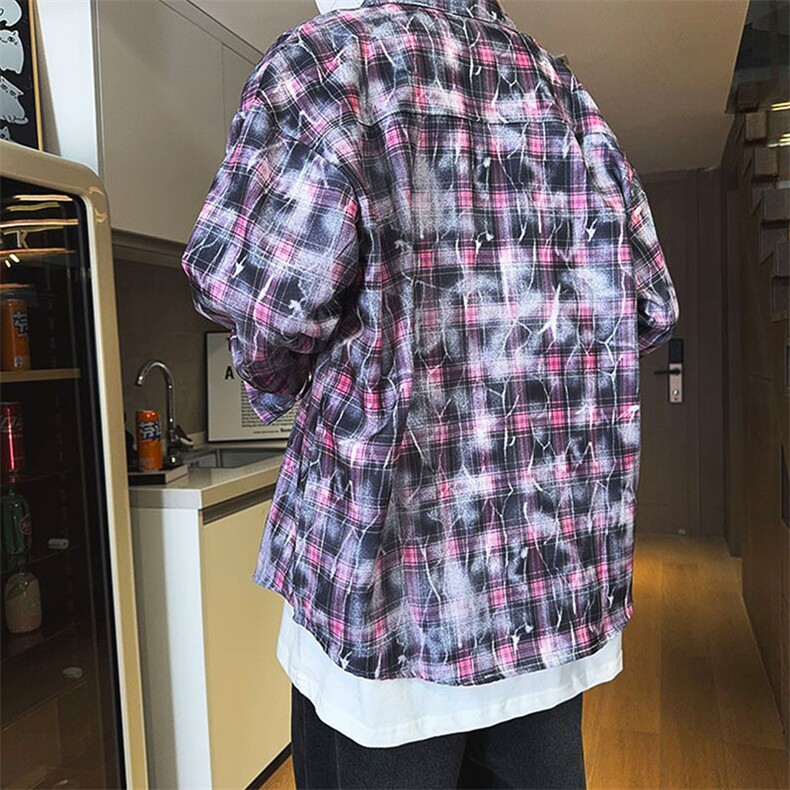 现货 早秋高街做旧紫格子长袖衬衫扎染衬衣外套男 C18-P50-控78图片