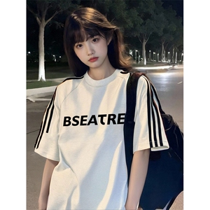抖音得物高品质二开240克宽松纯棉美式潮牌三条杠织带短袖T恤图片
