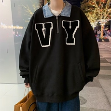 牛仔拼接卫衣男女春秋季慵懒风休闲上衣ins潮牌宽松外套W768-p40，男装卫衣，星座1008