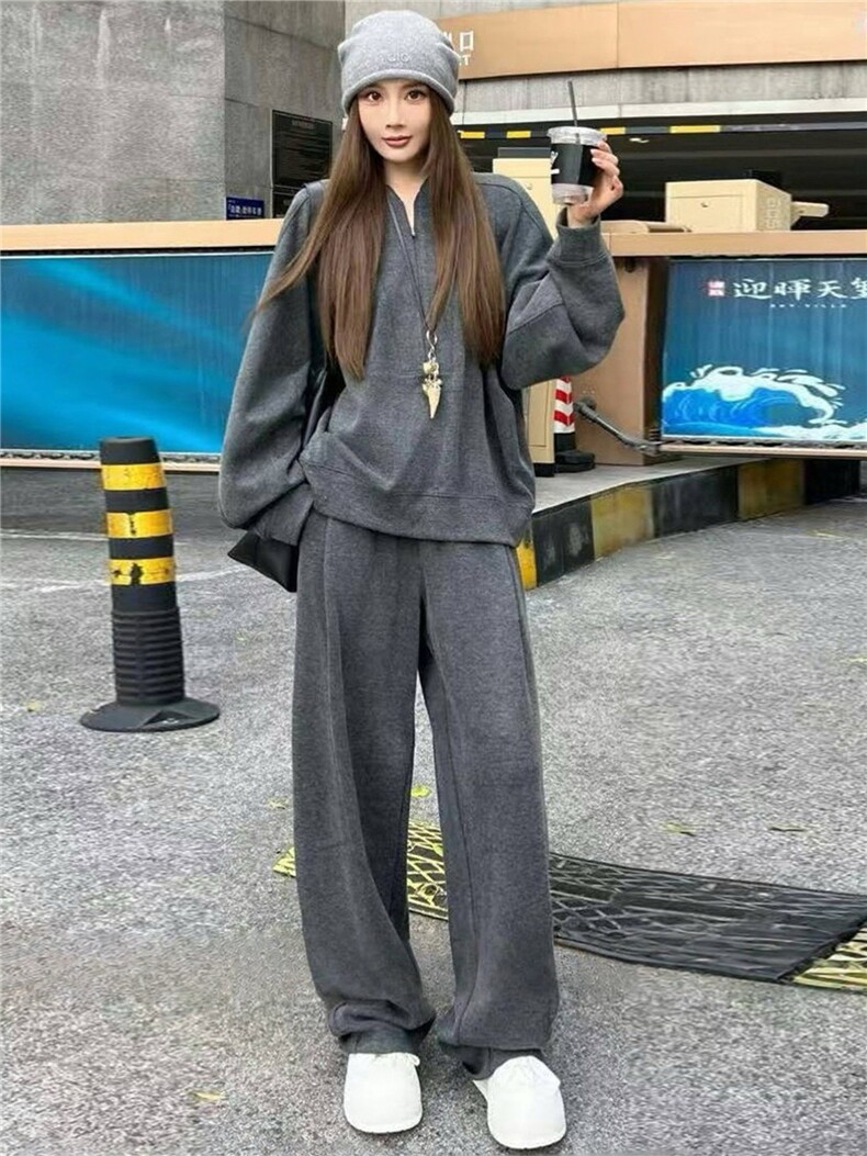 时尚休闲套装女秋季新款宽松洋气减龄纯色圆领卫衣阔腿长裤两件套,女装套装/套裙,江南