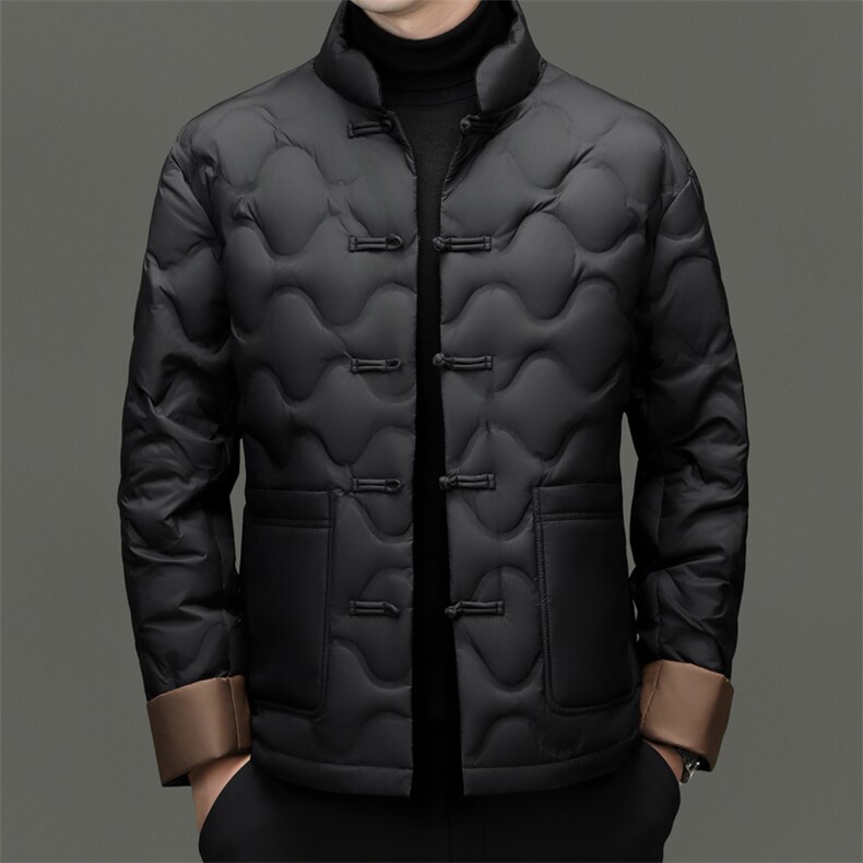 冬季白鸭绒唐装羽绒服保暖休闲男士简约立领短款外套时尚防寒男图片