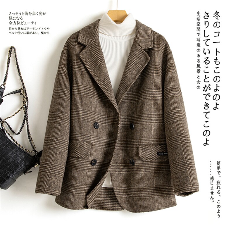 现货精品通勤品牌外贸咖啡色欧美风秋冬新款双面羊毛格子西装外套，女装双面呢大衣，丝露怡语