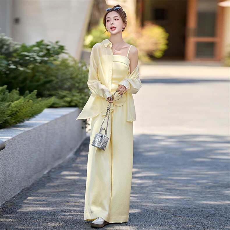 小香风时尚套装女2026新款洋气减龄夏季防晒衬衫吊带阔腿裤三件套,女装套装/套裙,衣之秀