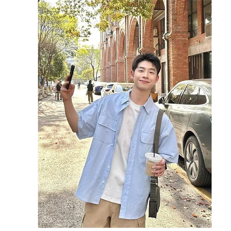 蓝色翻领衬衫短袖纯棉男生夏季宽松百搭休闲上衣衬衣CS223图片