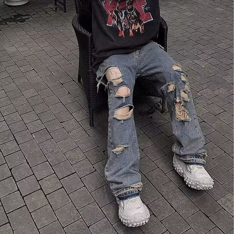 美式复古设计感ins潮个性直筒破洞乞丐牛仔裤男宽松阔腿拖地裤女,男装牛仔裤,星座506A
