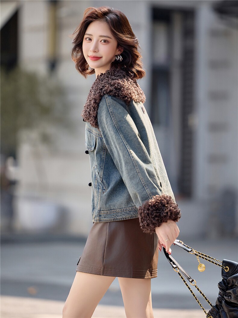 独特超好看羊羔毛拼接牛仔棉衣女2025冬新款夹棉加厚保暖棉服外套,女装短外套,印象茜
