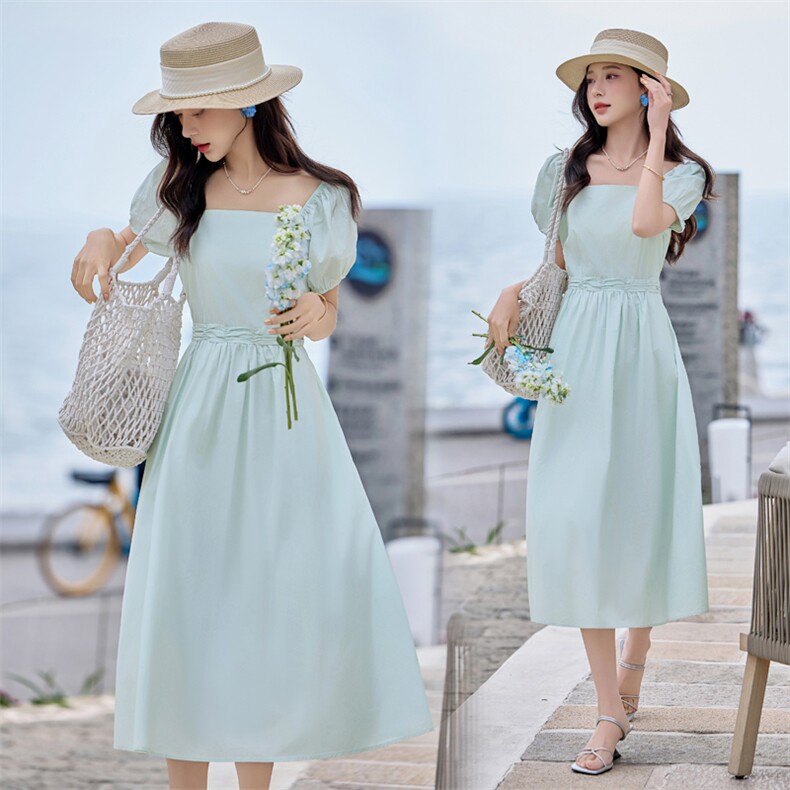 景页页夏日小众薄荷湖蓝色立体脖花方领设计感有腰带中长款连衣裙，女装连衣裙，贝蕾酷儿