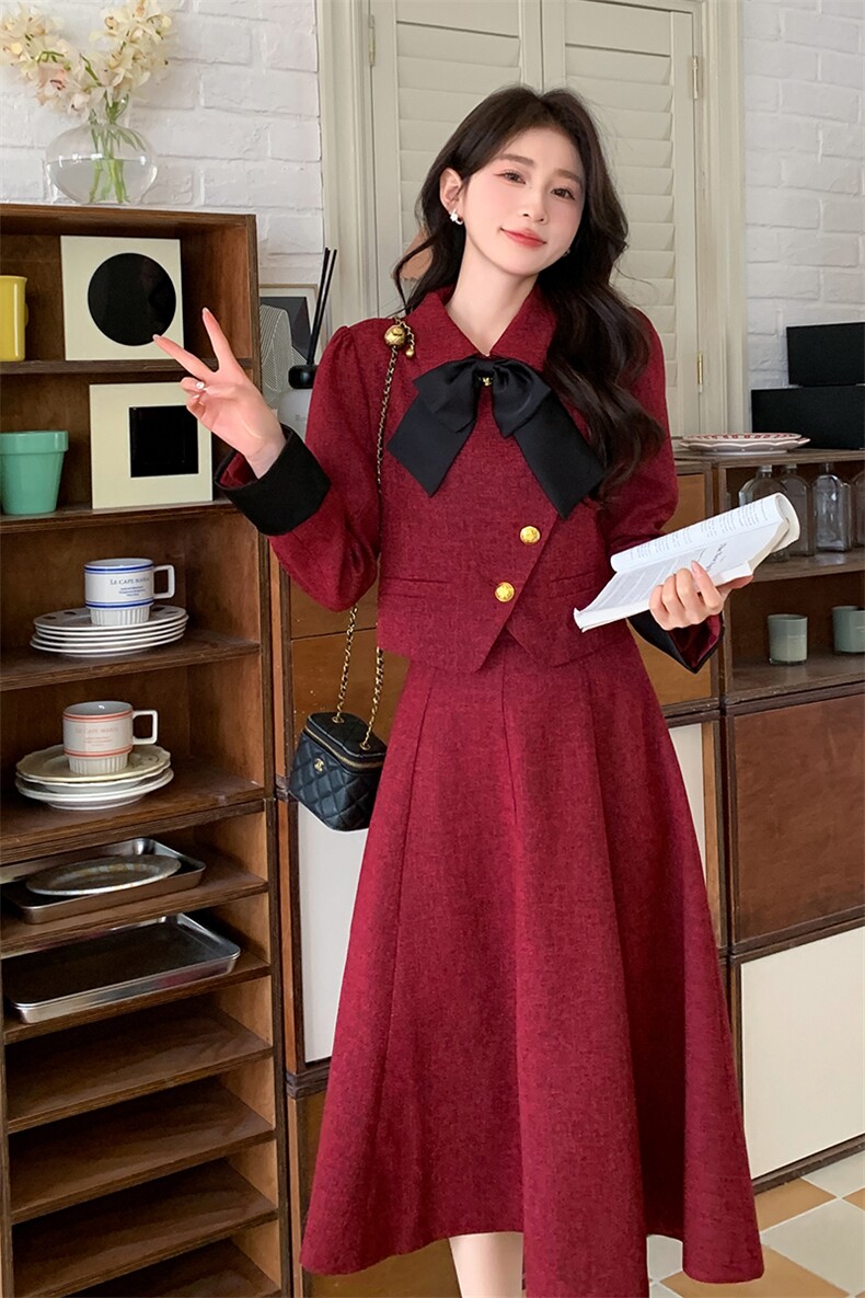 法式红色小香风套装裙女2025春秋新款气质女神范上衣半身裙两件套,女装套装/套裙,唛多