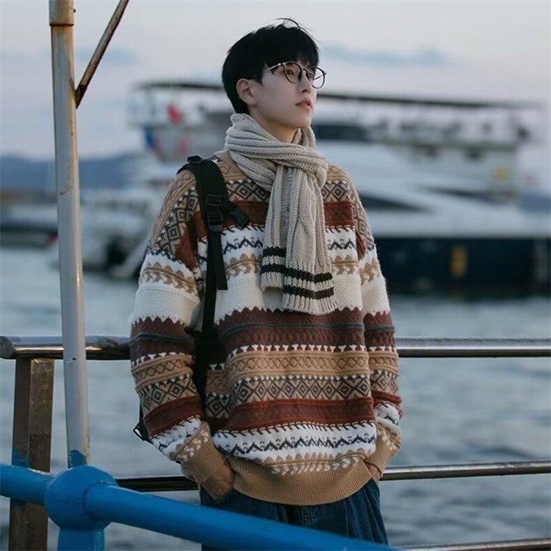 冬季复古提花套头毛衣宽松加厚打底针织慵懒毛衣MY011-P50,男装T恤,星座1001-1