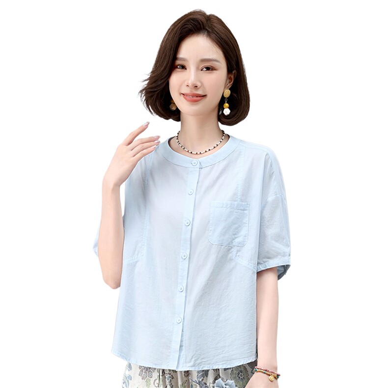 纯棉短袖衬衫女夏季2025年新款中年妈妈宽松休闲简约圆领衬衣上衣,女装衬衫,叶笙衣
