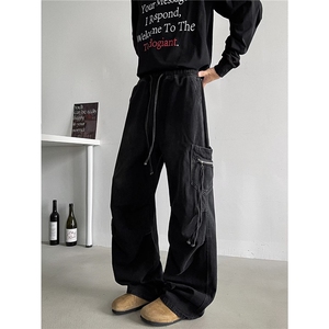 磨白水洗美式复古褶皱牛仔裤男女cleanfit潮牌大口袋宽松工装裤子图片