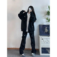 美式hiphop裤子高街vibe交叉绑带牛仔裤修身直筒微喇叭裤，男装牛仔裤，星座310A-4