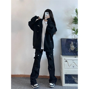 美式hiphop裤子高街vibe交叉绑带牛仔裤修身直筒微喇叭裤图片