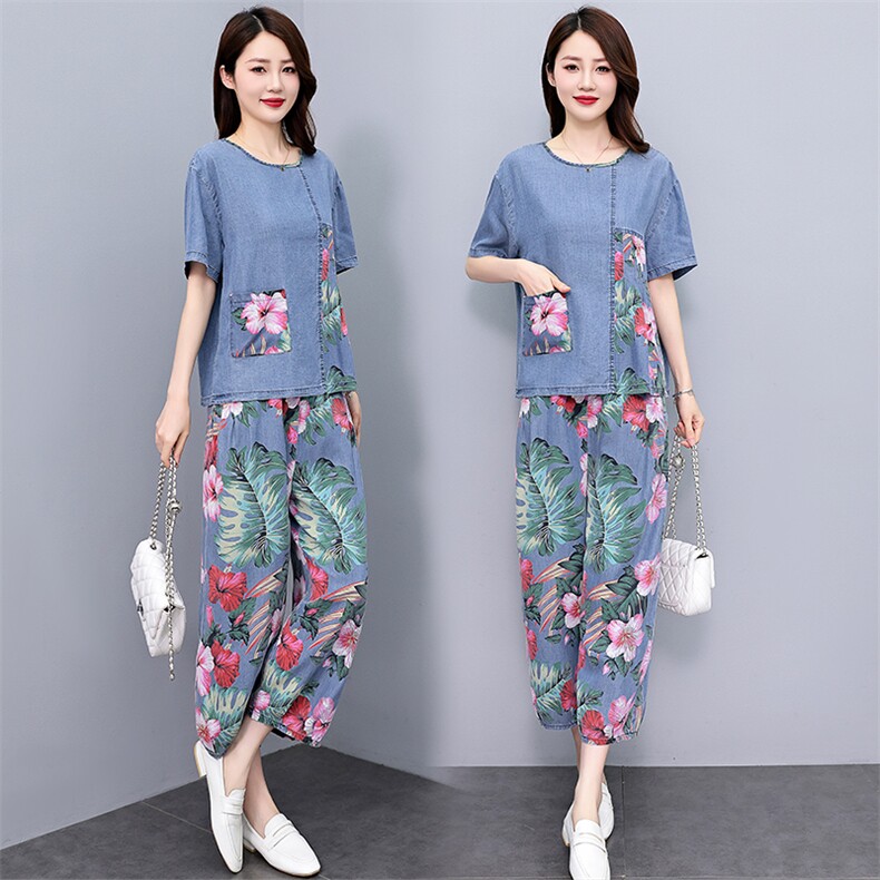 现货！天丝牛仔拼接套装女2024夏季新款洋气优雅气质两件套，女装套装/套裙，魅影