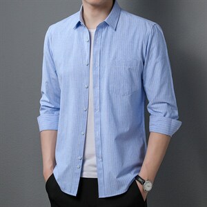 2023新款衬衫男士长袖条纹无痕春秋季中年商务休闲抗皱免烫衬衣潮图片