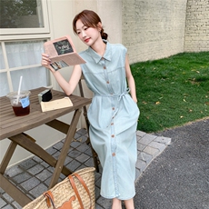复古风简约蓝色牛仔连衣裙女夏2025新款大方得体休闲无袖连身长裙，女装连衣裙，2C050