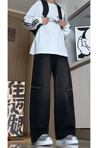 秋季新款水洗拉链牛仔裤男美式潮牌复古阔腿长裤子-A1153TP55控79图片