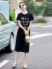 韩系休闲黑色字母印花连衣裙女夏2025新款慵懒风显瘦宽松T恤长裙，女装连衣裙，涵亦佰惠