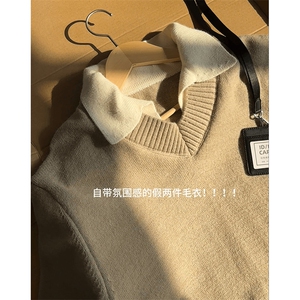 重磅北极绒假两件衬衫领毛衣美式高街复古休闲慵懒纯色翻领针织衫图片